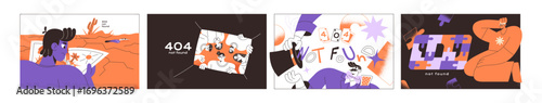 Set of creative error 404 pages. Designs of not found websites. Templates of broken web sites with mistakes of access. Webpage layouts with internet connection problems. Flat vector illustrations