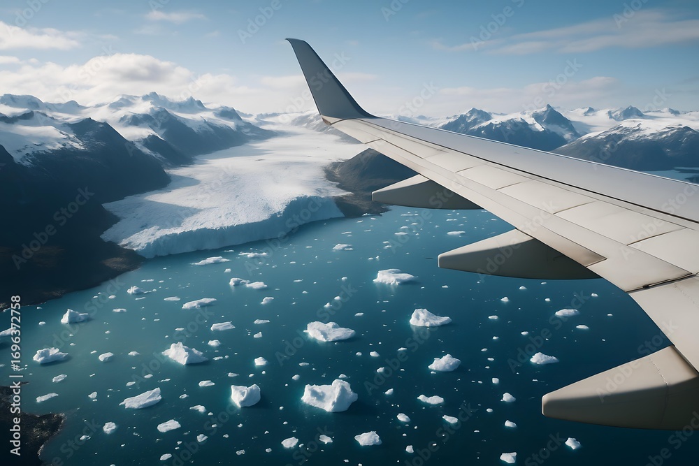 Obraz premium Airplane Window View of Glacier and Floating Icebergs
