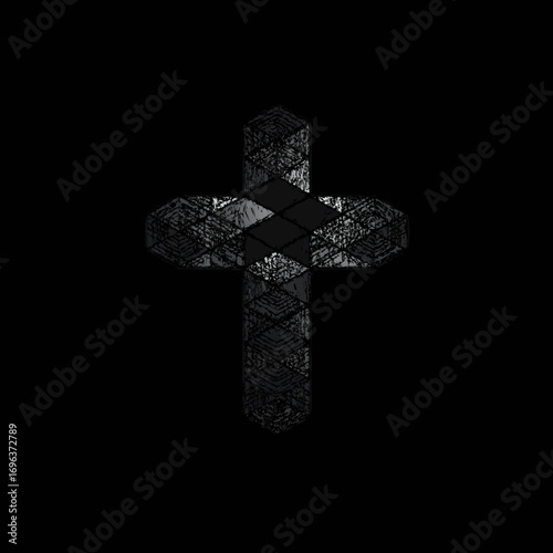 Black cross design with textured patterns displayed on a dark background for art and spiritual themes