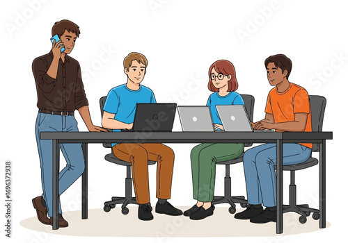 Vector art of a diverse group of four young adults collaborate around a table with laptops, one person is on a phone call