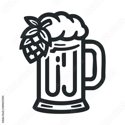 Refreshing craft beer with foam and hops illustration for design use. Vector line illustration