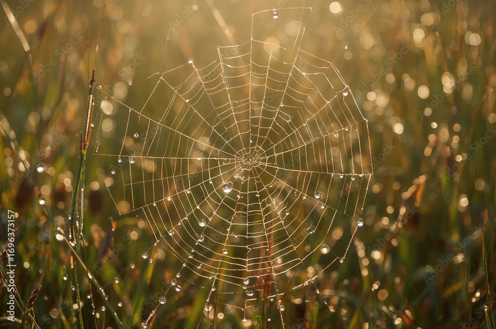 Naklejka premium Close-up of dew-covered spider web and foliage with sunlight on a golden backdrop
