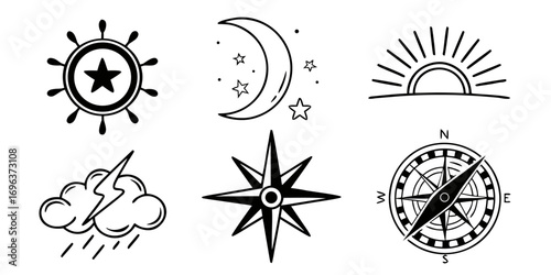 Nautical Symbols Collection: Sun, Moon, Stars, Compass, Storm
