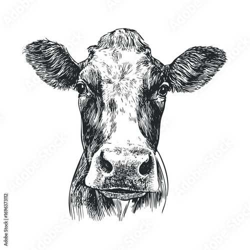 Close up view of a cow head with detailed features and expressive eyes. Vector hand drawn illustration