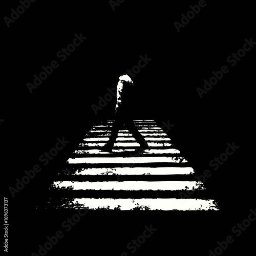 Dark silhouette of a figure walking on a crosswalk in a dimly lit urban environment at night