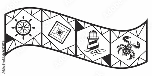Nautical Symbols Wave Design with Compass, Lighthouse, and Turtle