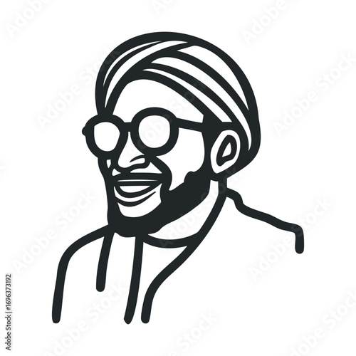 Joyful man wearing sunglasses and a turban for diverse representation. Vector line illustration
