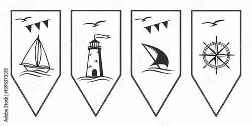 Nautical Themed Pennant Banners with Sailboat, Lighthouse, and Compass