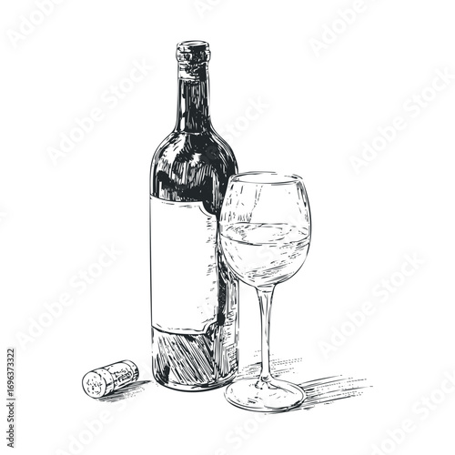 Delicious red wine bottle with glass ready for tasting event. Vector hand drawn illustration