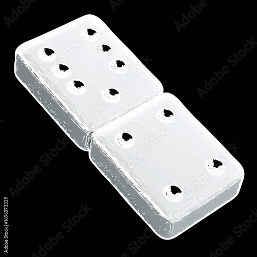 Two white dice showing three and five dots on a black background, symbolizing chance and gaming