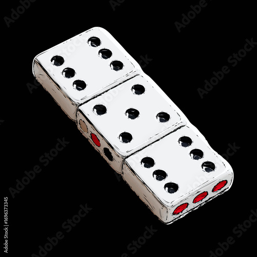 Unique arrangement of white dominoes with red dots on a black background during a casual game evening