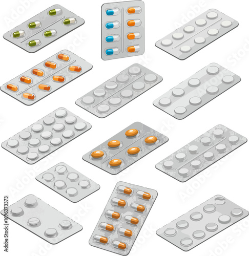 Isometric Pharmaceutical Blister Pack Assortment of Pill and Capsule Medication