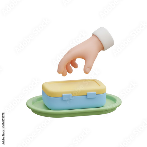 Hand Reaching For Colorful Lunchbox On Green Plate With Transparent Background Isolated
