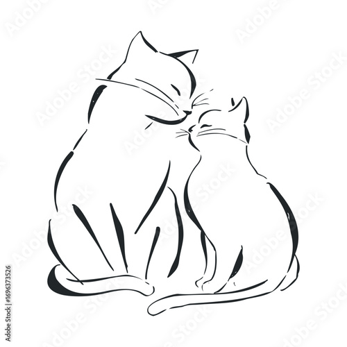 Love between a mother cat and her kitten in a simple design. Vector line illustration