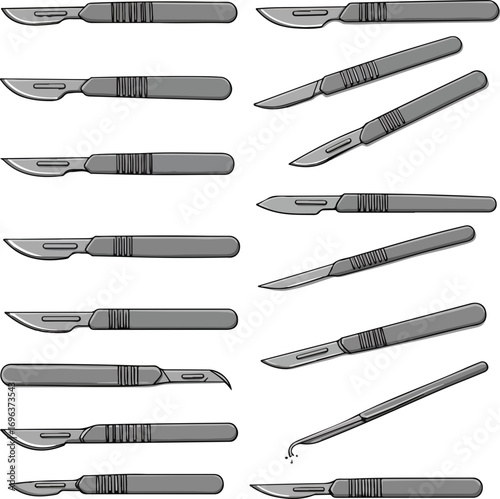 Detailed Surgical Steel Scalpel with Handle Equipment Medical Illustration Set