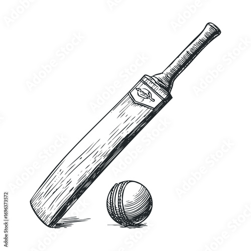 Cricket bat and ball set for traditional sports design. Vector hand drawn illustration