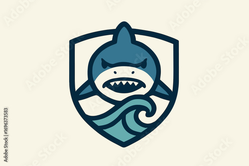 Aggressive shark logo design, shield shape, ocean wave background, fierce shark, powerful marine animal, aquatic predator.