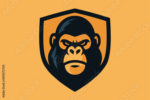 Gorilla face emblem with intense gaze on orange background.