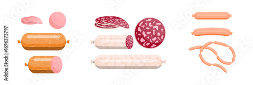 Various types of sausage and deli meat. Fresh meat product set for market. Assortment of classic processed food in flat style.