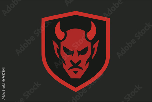 Red Devil Head with Horns in a Shield Emblem.