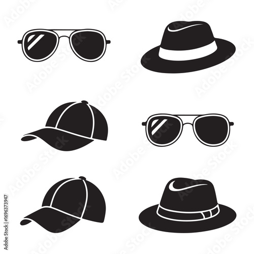 Black outline headwear and eyewear icons