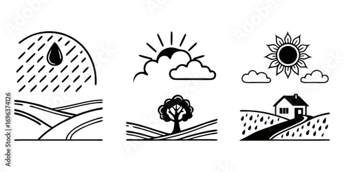 Rural Landscape Icons: Rain, Sun, and House