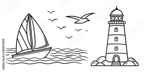 Sailboat and Lighthouse on the Sea