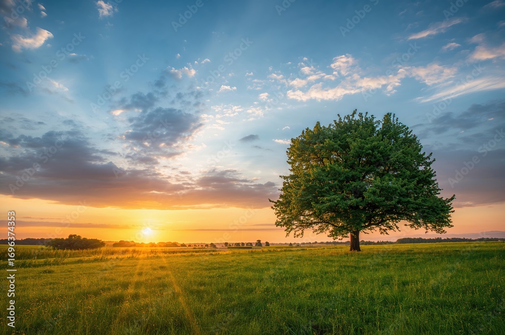 Fototapeta premium Solitary tree standing in a scenic autumn field at sunset.