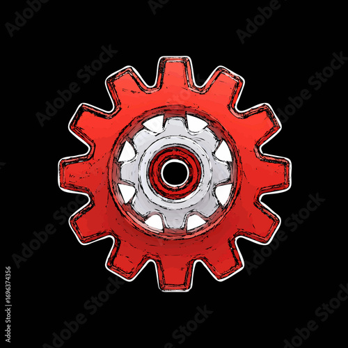Red gear on a black background representing industry and mechanical innovation