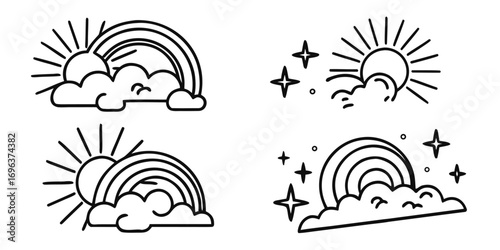 Set of Hand-Drawn Sun, Clouds, Rainbows, and Stars