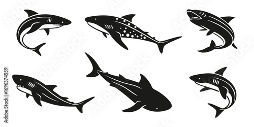 Set of Six Stylized Shark Silhouettes