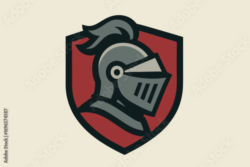 Stylized knight helmet profile inside a red shield emblem.