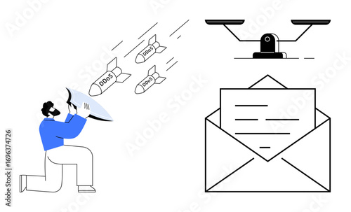 Man uses shield to block incoming cyberattacks, scales symbolize justice, and an envelope represents communication. Ideal for cybersecurity, fairness, internet safety, email protection, digital