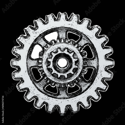 Detailed metallic gear design showcasing intricate patterns and textures isolated on a black background