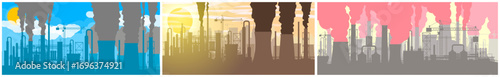 Industrial pollution factory landscape with smoke plumes. Environmental hazard and air contamination concept. Global warming illustration.