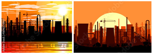 Industrial factory, plant or power concept. Modern industrial factory silhouette set. Environmental pollution during sunset.