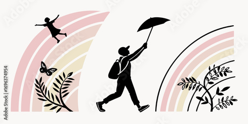 Silhouette of people and nature with abstract rainbow