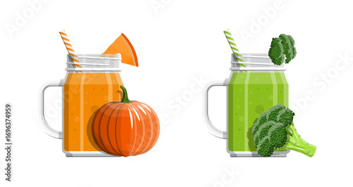 Detox beverages. Two fresh smoothies collection. Orange pumpkin and green broccoli smoothie drink in mason jar set. Healthy organic natural food concept.