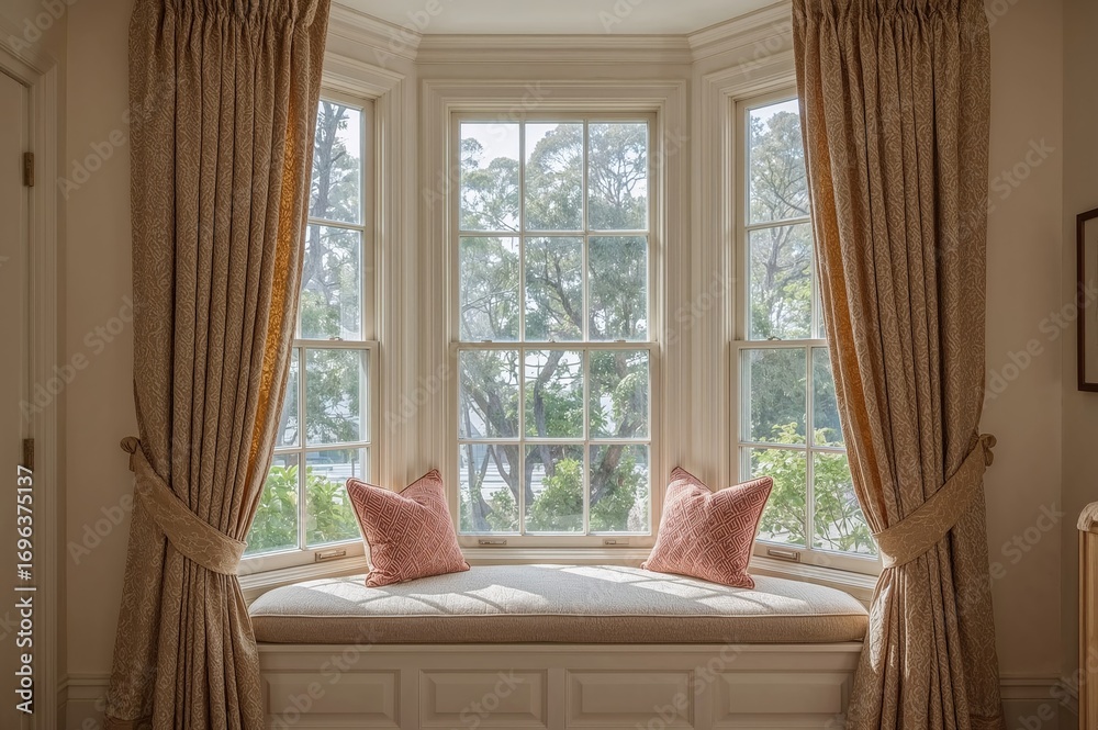 Fototapeta premium Decorative stained glass windows and cushioned window bench surrounded by flowing curtains create an ideal cozy reading corner in a classic heritage-style residence.