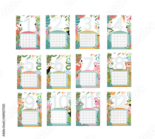 Kids Numbers Learning Worksheet – Educational Counting Activity with Jungle Animals Vector,