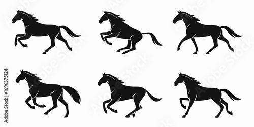 Six Black Horse Silhouettes in Motion