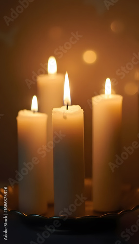 Burning candles cast warm glow in front of a dark golden background