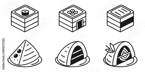 Six Isometric Sushi and Dessert Icons