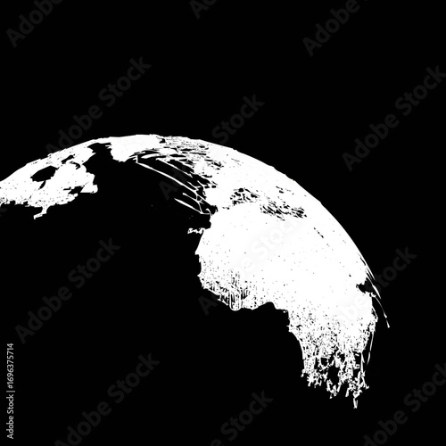 Visual representation of Earth with a white silhouette against a black background showcasing continents and geographical features