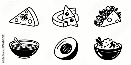 Six Stylized Food Icons: Pizza, Nachos, Salad, Soup, Avocado, Rice