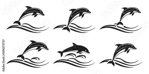 Six Stylized Dolphin Silhouettes Leaping Over Waves
