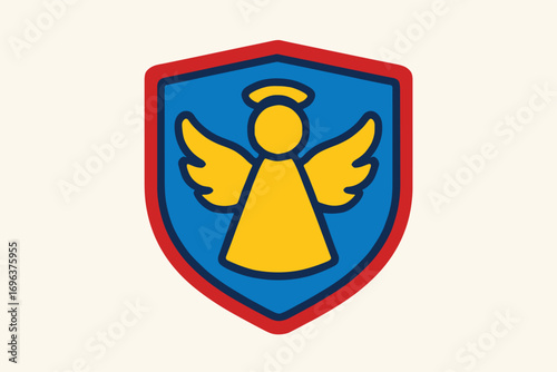 Stylized angel icon within a shield emblem.