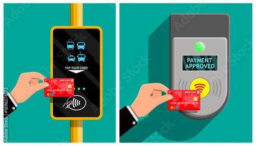Man hand tapping credit card on contactless payment terminal. Public transport fare transaction approved. Digital purchase technology concept for flat illustration.