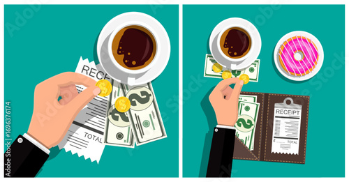 Man hand making payment transaction. Person paying bill for coffee and donut. Finance expense and cash money concept.