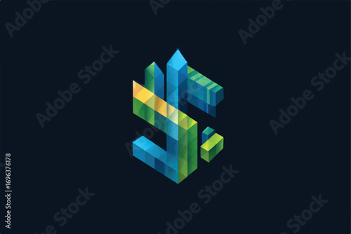 Abstract geometric logo symbol with vibrant mosaic pattern against a dark blue background digital artwork